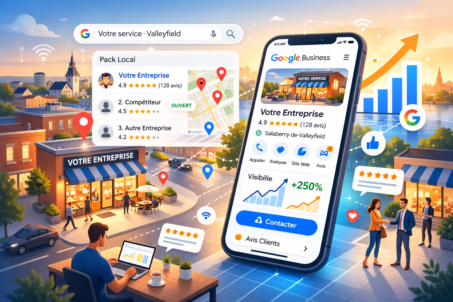 Apprenez comment optimiser votre profil Google Business à Salaberry-de-Valleyfield : avis clients, photos, SEO local et stratégies pour apparaître dans les recherches Google.