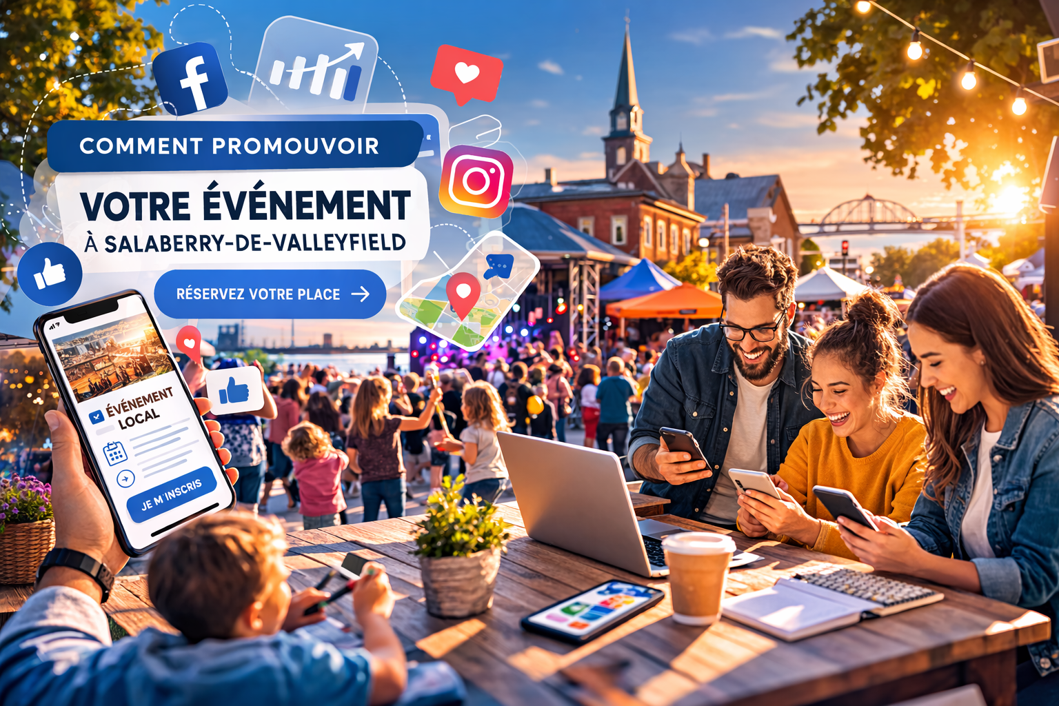 Stratégie de promotion d’événement à Valleyfield montrant une foule lors d’un festival local avec des icônes de réseaux sociaux, illustrant le marketing digital et la promotion d’événement dans la communauté de Salaberry-de-Valleyfield.