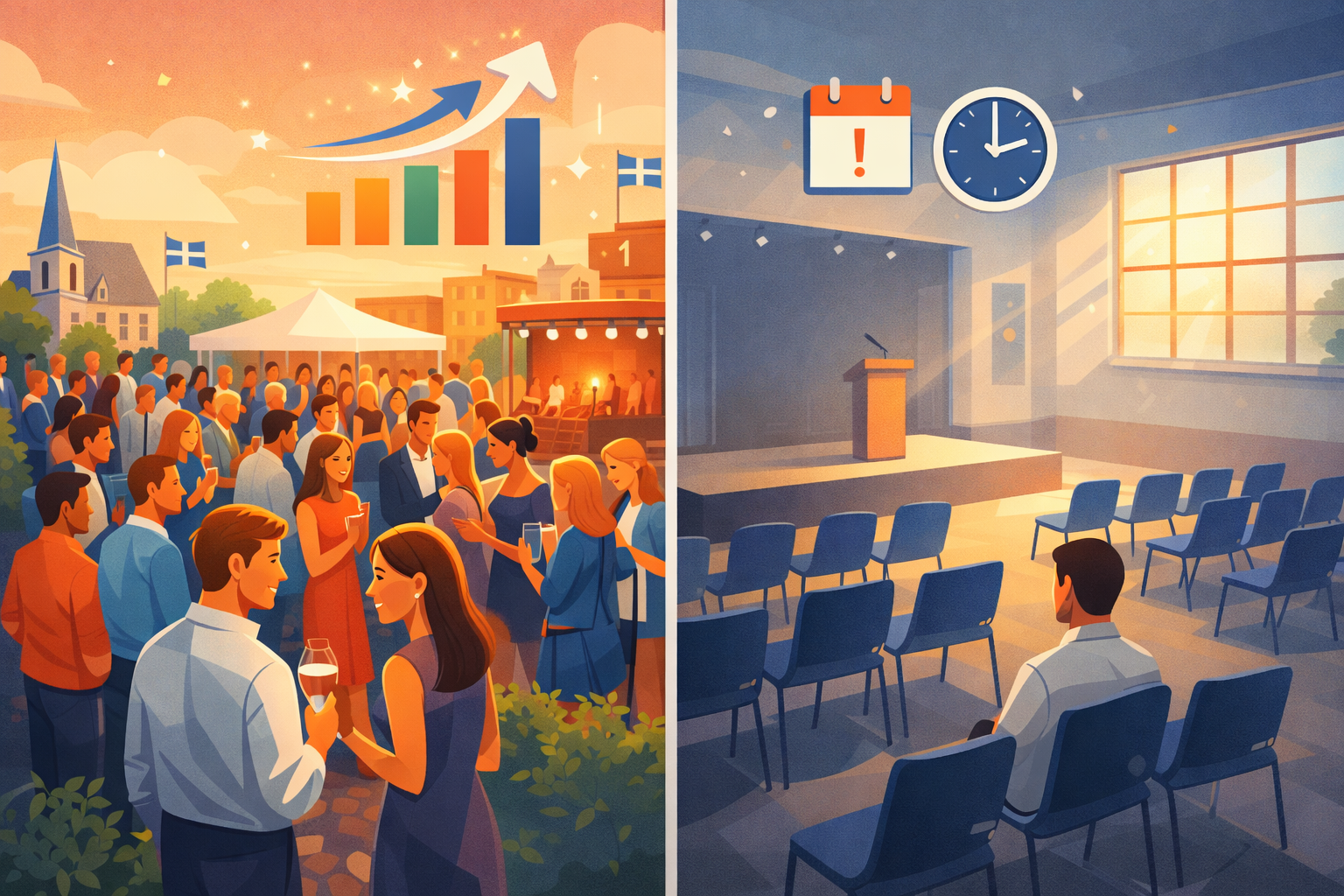 Illustration comparant un événement réussi à Valleyfield avec une foule nombreuse grâce à une stratégie de promotion d’événement efficace, versus une salle vide montrant l’impact d’un manque de stratégie marketing pour la promotion d’événement local.