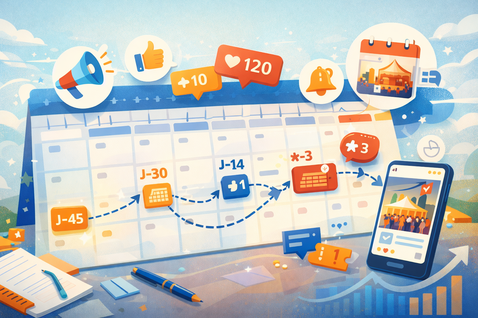 Illustration d’une stratégie de promotion d’événement à Valleyfield montrant un calendrier de planification marketing avec un compte à rebours, des icônes de réseaux sociaux et un smartphone, illustrant la stratégie de promotion d’événement et l’engagement en ligne.