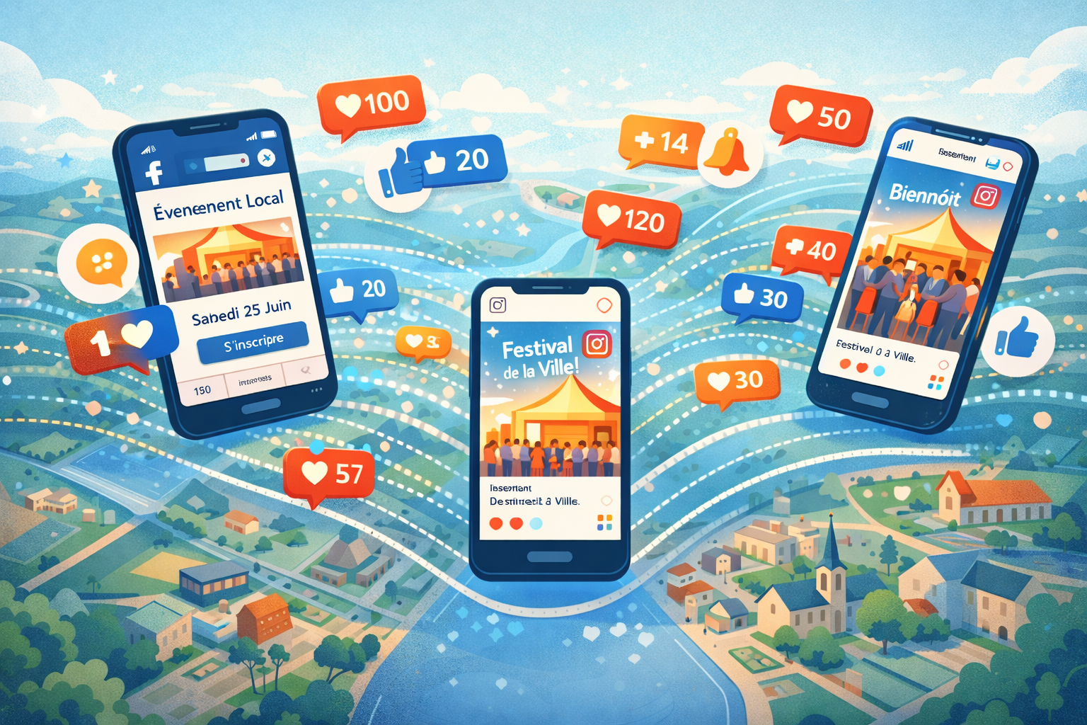 Illustration de promotion d’événement à Valleyfield montrant des publications Facebook et Instagram diffusées sur mobile dans la région, illustrant une stratégie de promotion d’événement local et la diffusion sur les réseaux sociaux pour rejoindre la communauté.