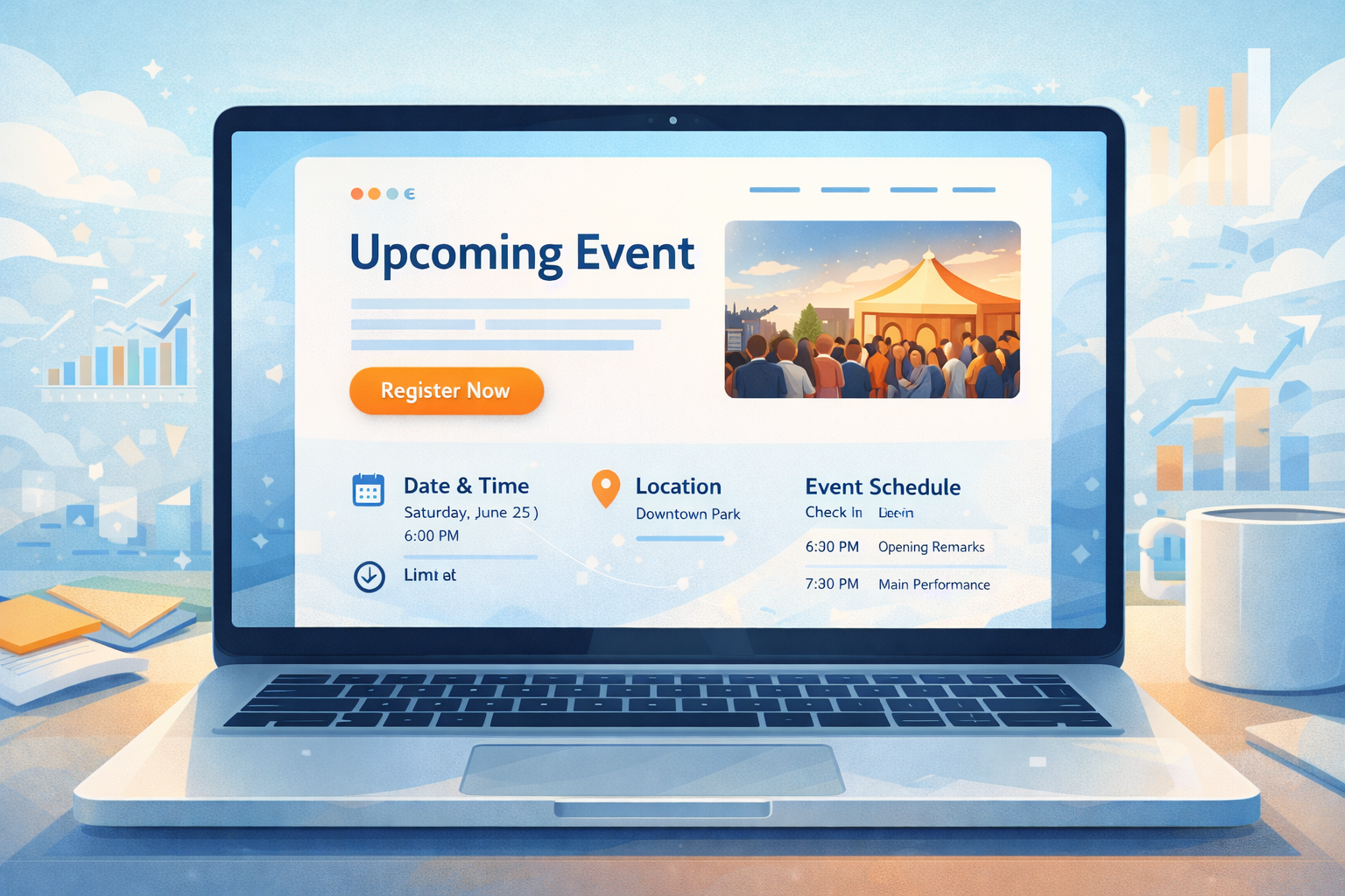 Illustration d’une page web pour promouvoir un événement à Valleyfield montrant une landing page avec bouton d’inscription, date, lieu et horaire, illustrant une stratégie de promotion d’événement et de marketing digital pour attirer des participants.