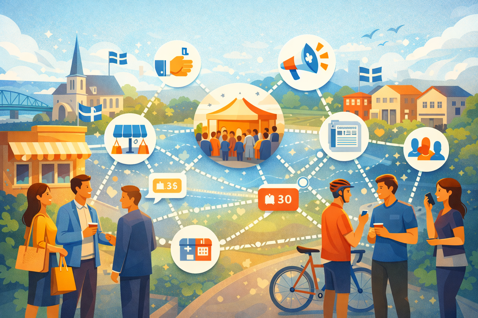 Illustration d’une stratégie de promotion d’événement à Valleyfield montrant un réseau de commerces, médias et citoyens connectés autour d’un événement local, illustrant la collaboration et la stratégie marketing pour promouvoir un événement dans la communauté de Salaberry-de-Valleyfield.