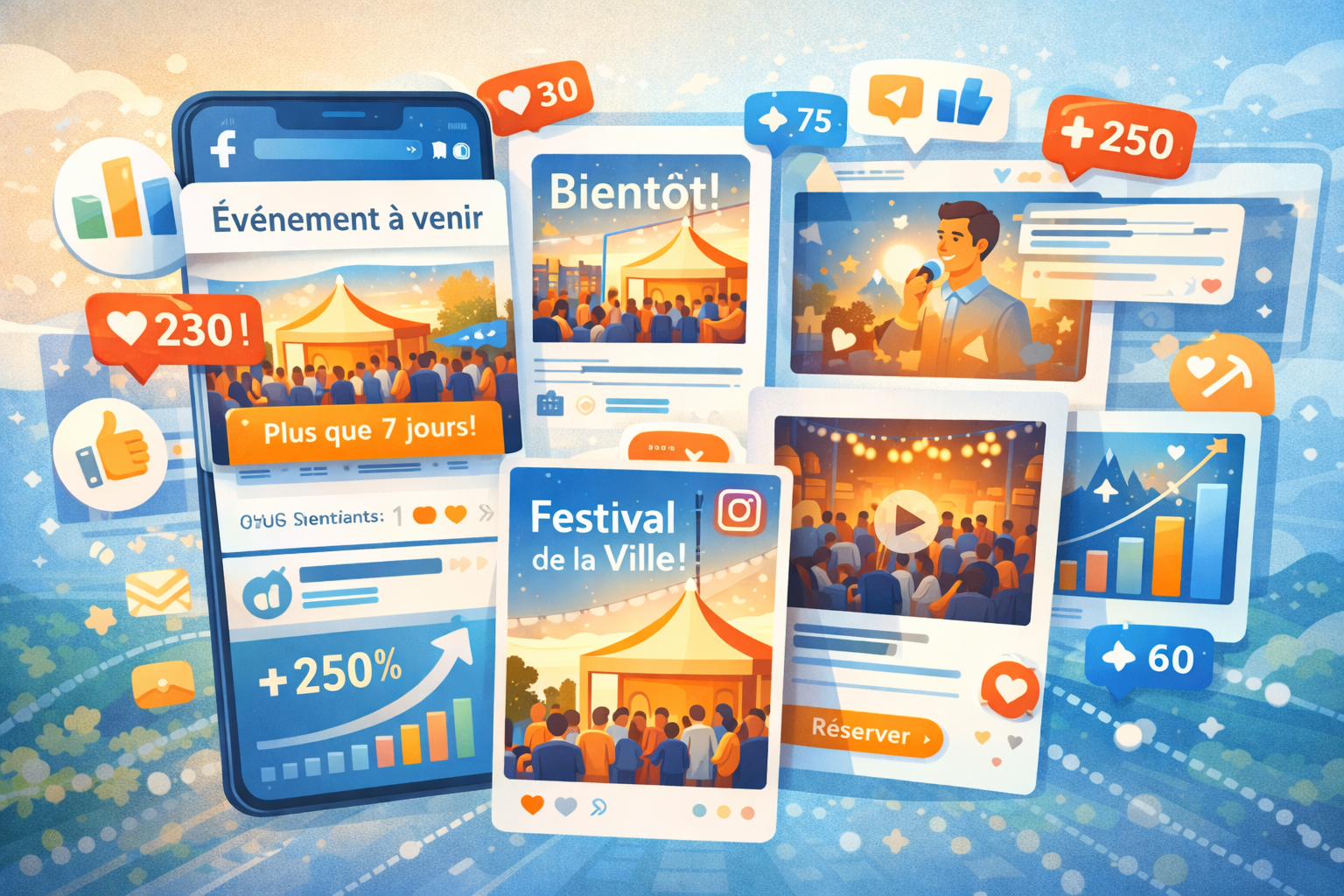 Illustration de promotion d’événement à Valleyfield sur les réseaux sociaux montrant des publications Facebook et Instagram, des indicateurs d’engagement et une stratégie marketing digitale pour augmenter la visibilité d’un événement local.