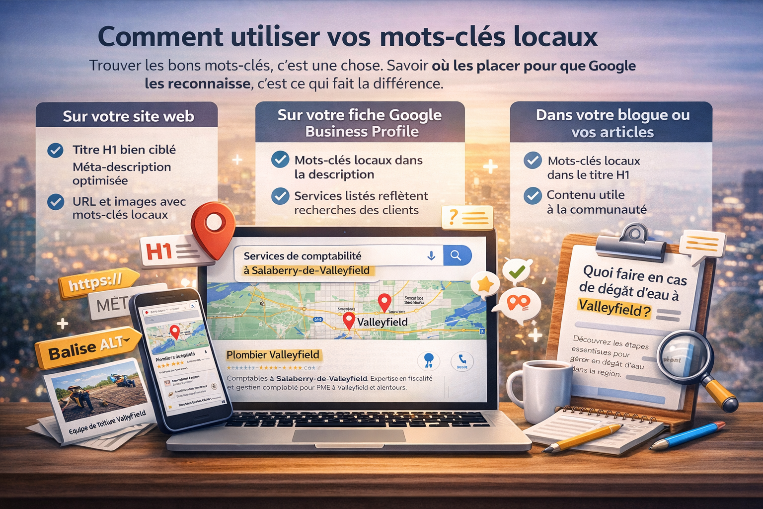 utilisation des mots-clés locaux sur un site web, Google Business Profile et blogue à Valleyfield, incluant balise H1, méta-description, URL, contenu SEO et stratégie de visibilité locale à Salaberry-de-Valleyfield