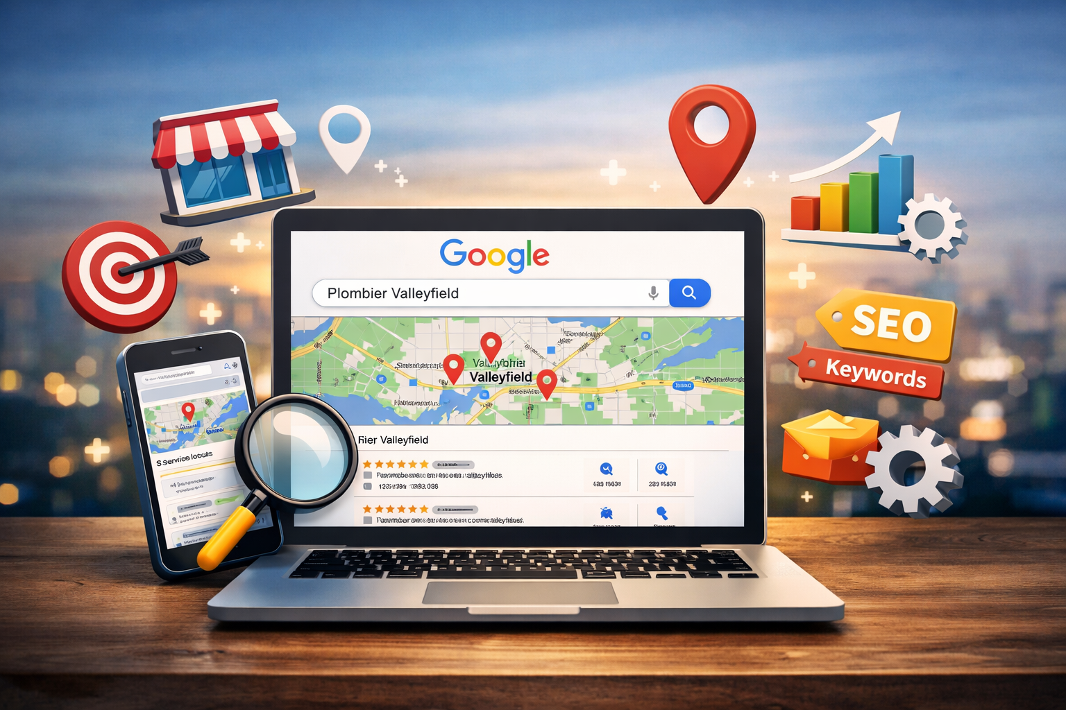 marketing local à Valleyfield avec recherche Google affichant des mots-clés locaux, carte avec résultats d’entreprises et stratégie SEO pour améliorer la visibilité en ligne des PME à Salaberry-de-Valleyfield