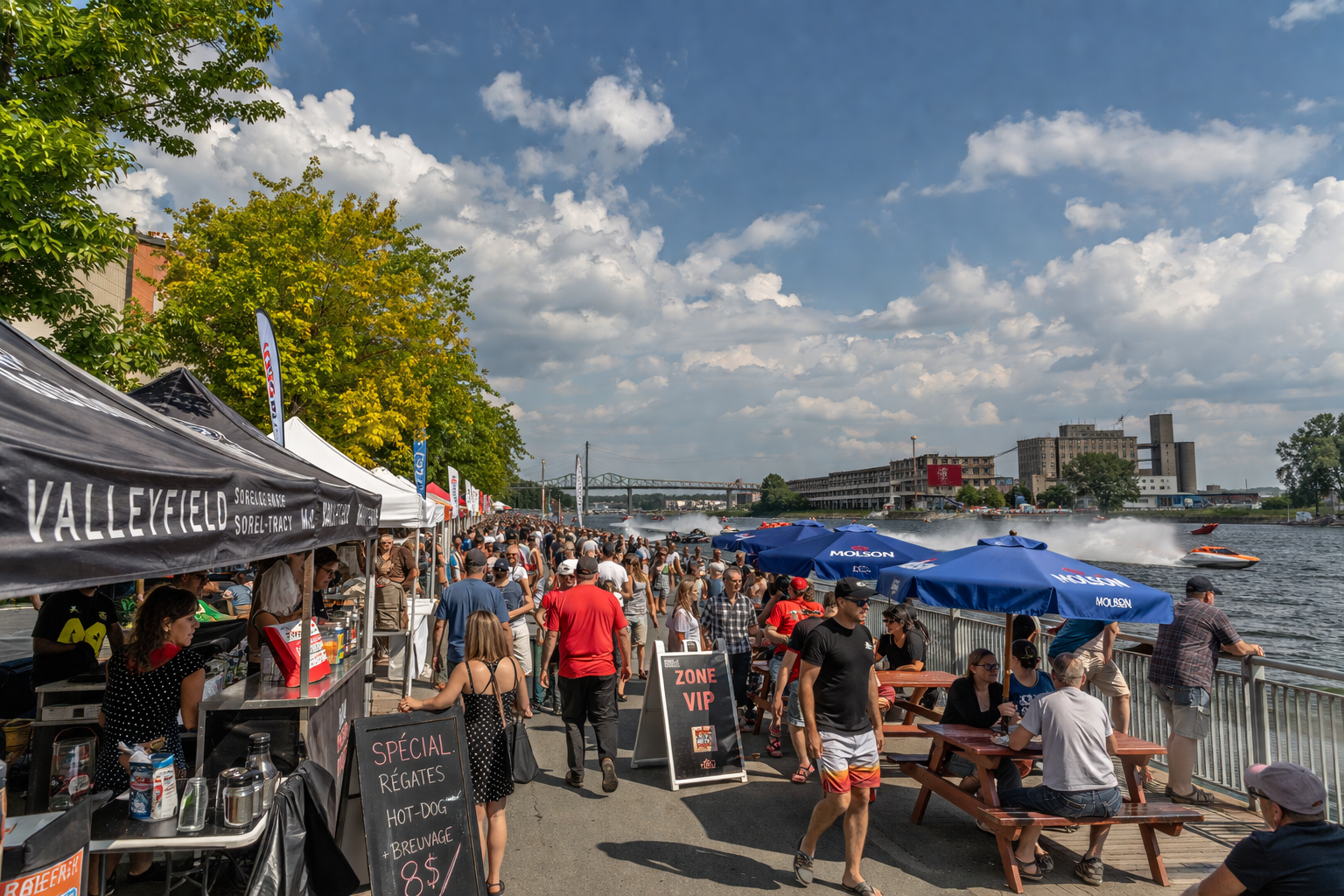 PME locales profitant de l’achalandage des Régates de Valleyfield avec kiosques, clients et ambiance festive au bord de l’eau