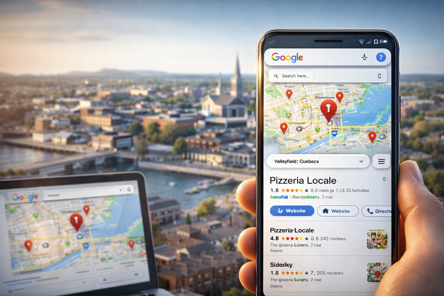 Illustration du SEO local à Valleyfield montrant une entreprise classée #1 sur Google Maps avec avis clients et résultats de recherche locale sur mobile