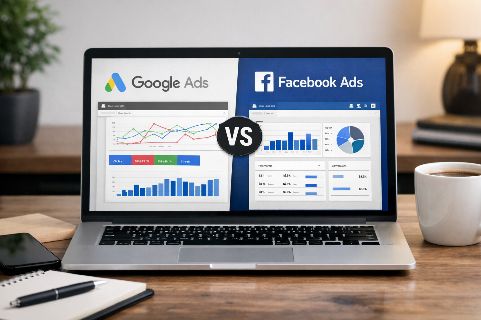 Google ads vs Facebook ads sur un ordinateur où on compare l'efficacité des plateformes a valleyfield.
